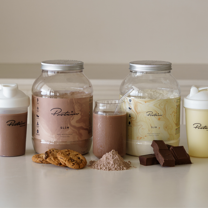 Protein.com Slim jar with various flavors displayed, shaker bottle nearby