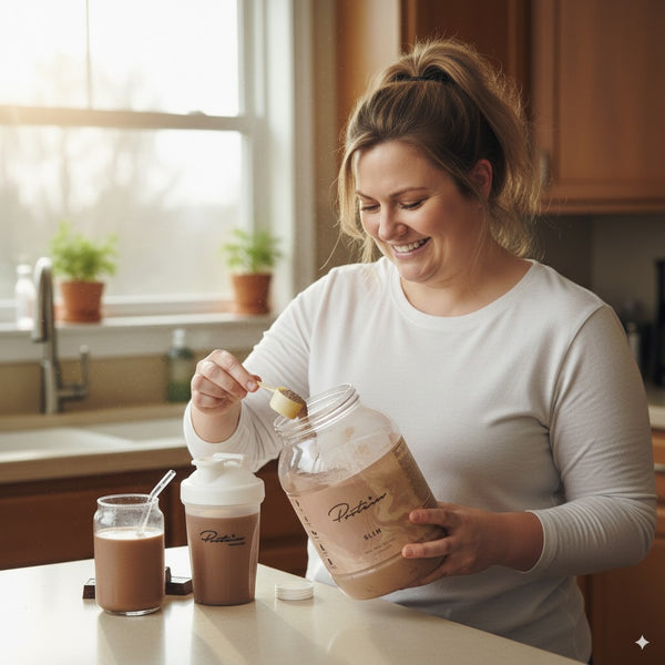 Split screen showing chaotic breakfast prep vs. simple shake preparation