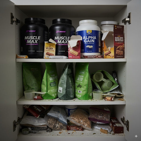 Collection of old protein powder containers and diet book covers