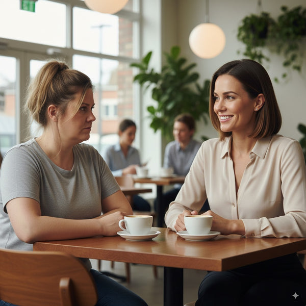 Two women chatting over coffee in a bright café