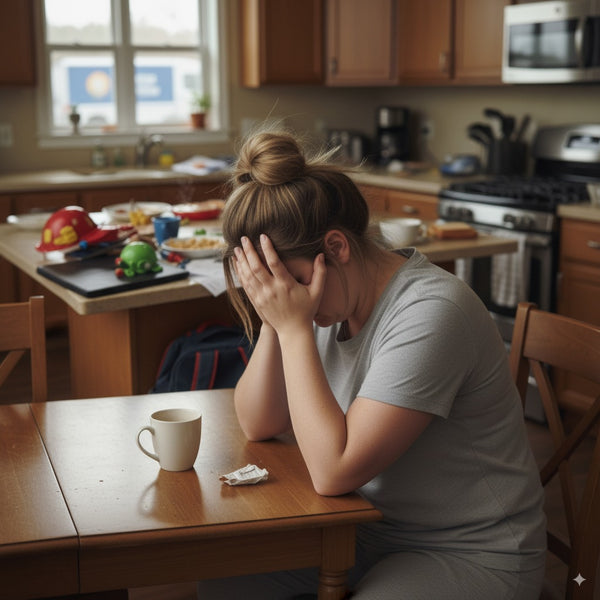 Woman sitting at kitchen table with head in hands, empty coffee cup nearby