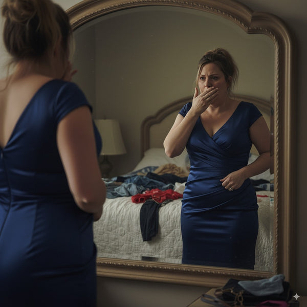 Woman looking frustrated at her reflection in bedroom mirror
