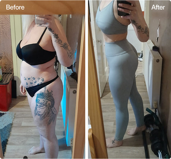 Before/after photo of woman in kitchen, holding a shake